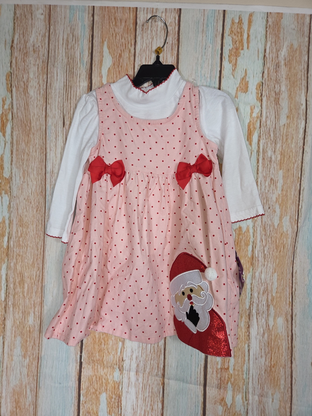 Blueberi Boulevard Pink Polka Dot Santa Applique Christmas Holiday Dress Set. 3t